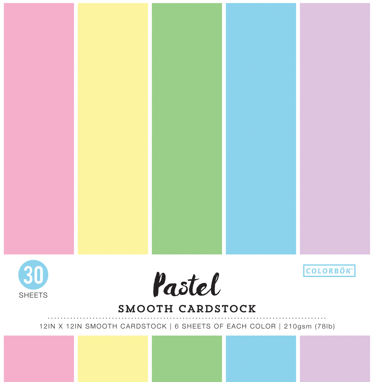American Crafts Colorbok 78lb Smooth Cardstock 12"X12" 30/Pkg - Pastel, 5 Colors/6 Each