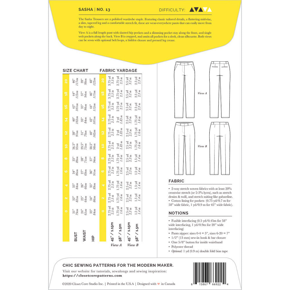 Closet Core Patterns Sasha Trousers CCP13 - Sewing Pattern