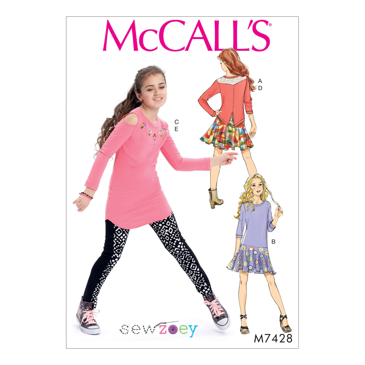 McCall's Girls' Back-Yoke Top, Drop-Waist Dress, Cold-Shoulder Tunic, Skirt and Leggings M7428 - Sewing Pattern