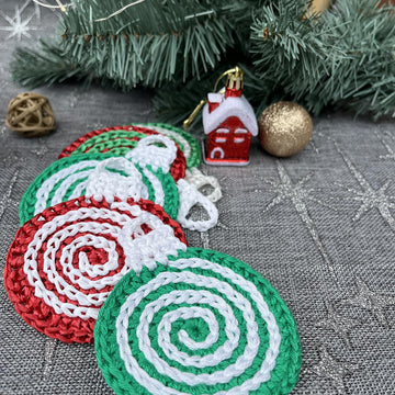 Crochet Coasters Candy spiral Pattern, Crochet Christmas ornament