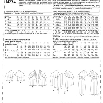 McCall's Misses' Top, Dresses and Belt M7741 - Sewing Pattern
