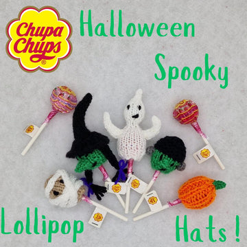 Halloween Knitting Pattern DK Lollipop Hats Decoration Gift Charity knit EASY Chupa-Chups Witch Pumpkin Frankenstein Sweet Sucker Savers