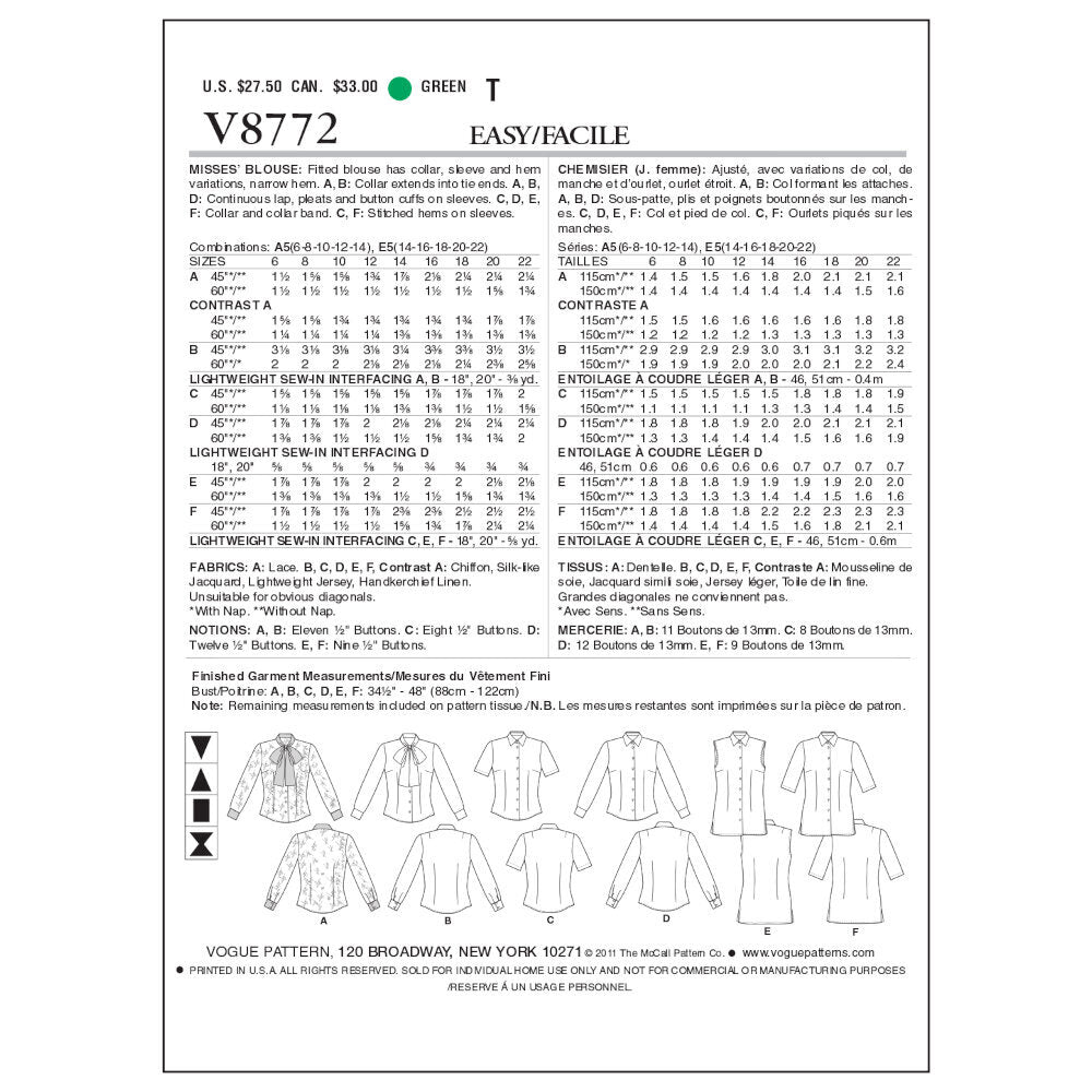 Vogue Misses' Blouse V8772 - Sewing Pattern