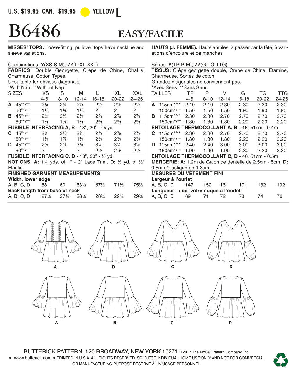 Butterick Misses' Loose-Fitting, Gathered Waist Pullover Tops with Bell Sleeves B6486 - Sewing Pattern