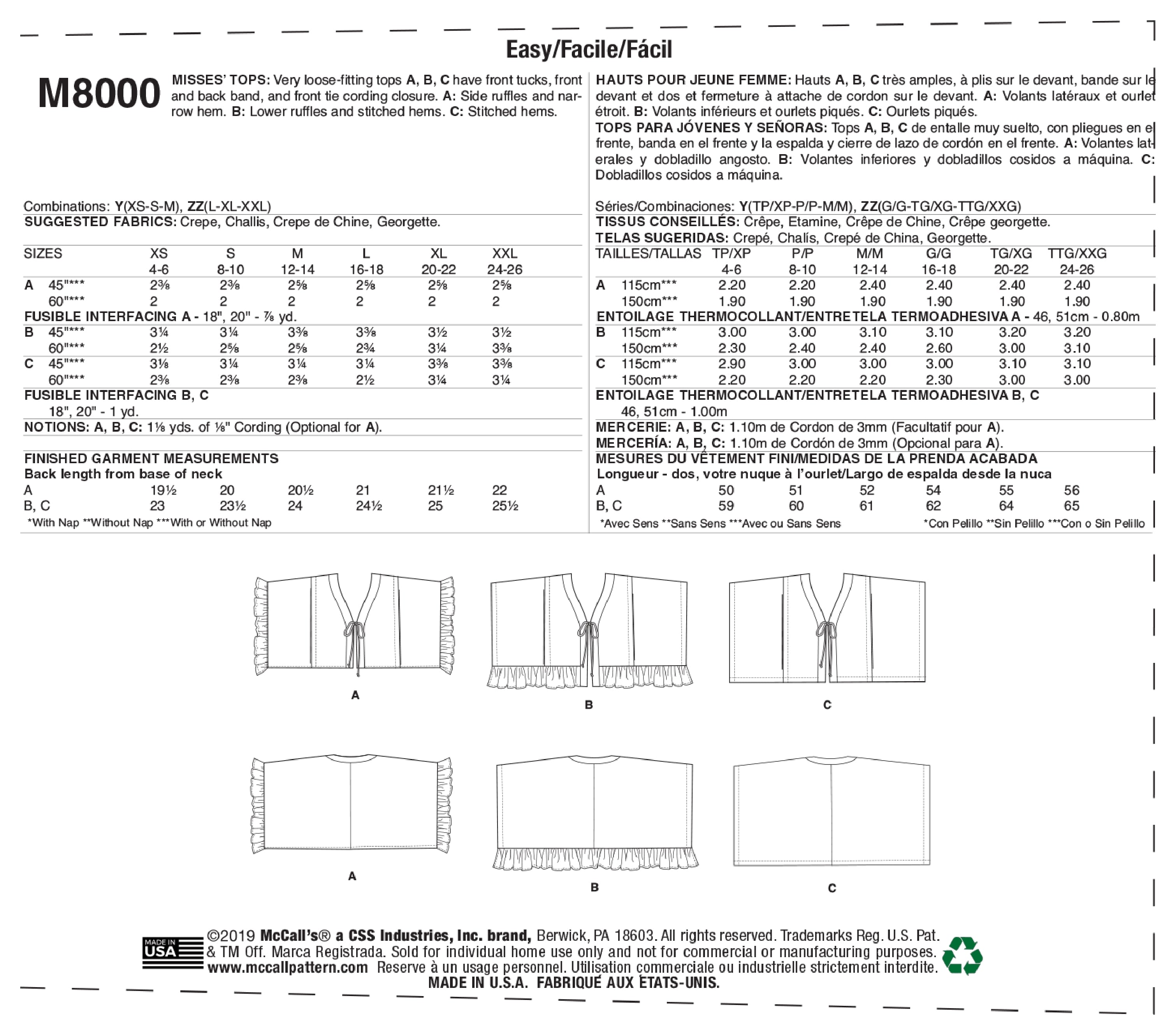 McCall's Misses' Tops M8000 - Sewing Pattern