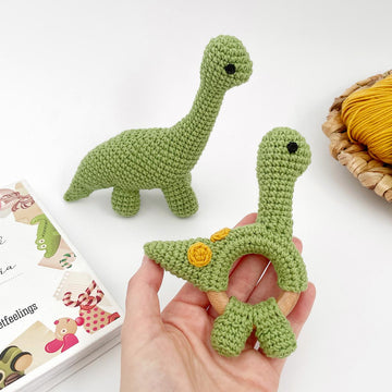 Crochet dinosaur Brontosaurus toy and baby teething rattle amigurumi pattern