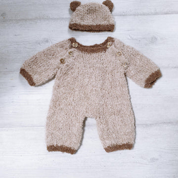Baby bear boucle raglan romper & hat pdf knitting pattern, 0-12 months