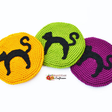 Crochet round coaster. Black cat coaster. Halloween decor. Scaredy cat