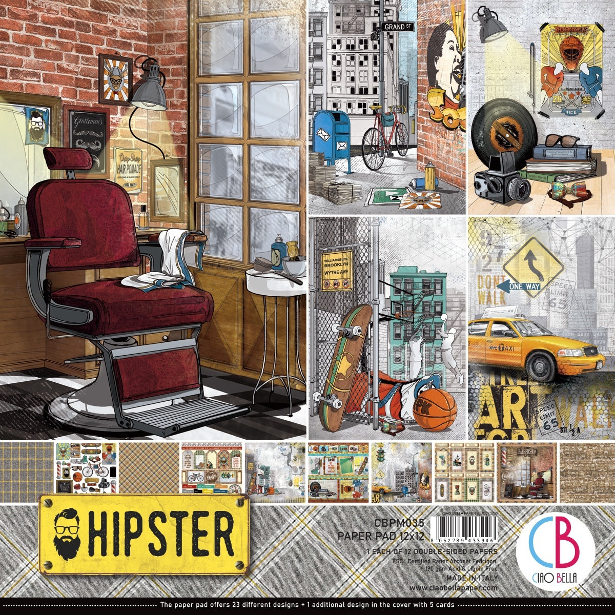 Ciao Bella Double-Sided Paper Pack 90lb 12"X12" 12/Pkg - Hipster, 12 Designs/1 Each