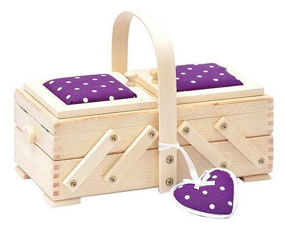 Sewandso Sewing Box with Lilac Dot Pin Cushion Lids and Heart, Beech Wood