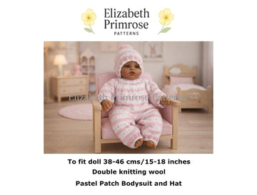Pastel Patch Bodysuit and Hat Knitting Pattern P89 | Doll Size 15–18in (38–46cm) | Elizabeth Primrose Patterns