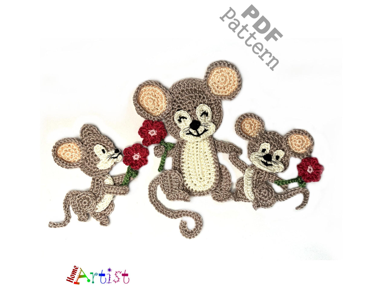 Mouse Mom & Babies crochet applique pattern