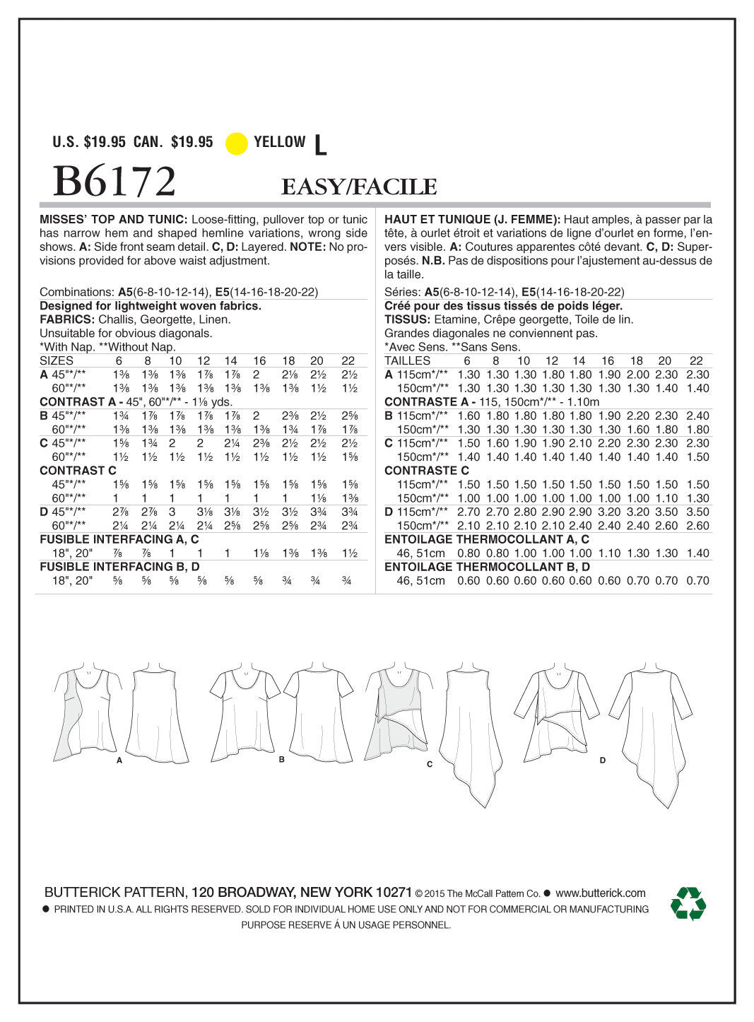 Butterick Misses' Top and Tunic B6172 - Sewing Pattern