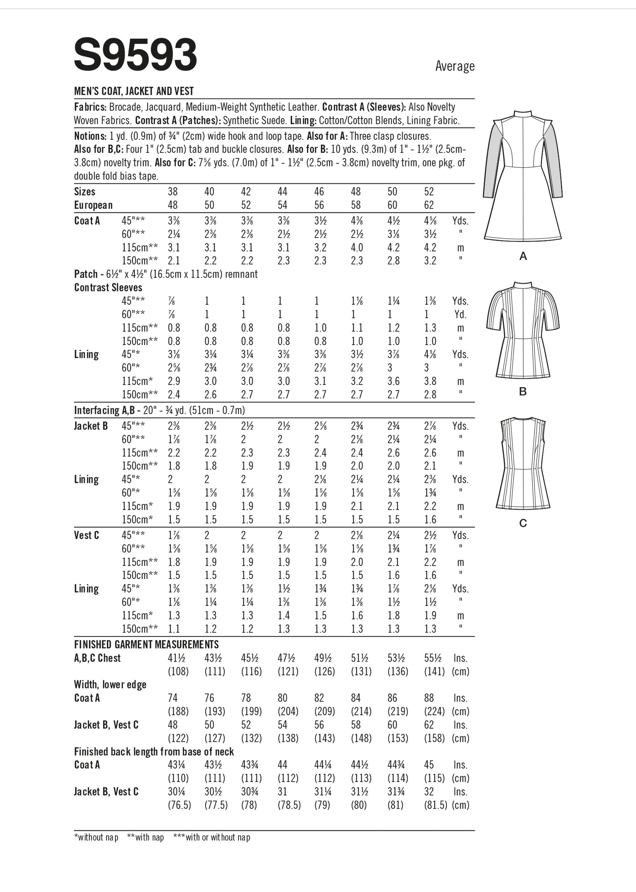 Simplicity Men's Coat, Jacket and Vest S9593 - Sewing Pattern