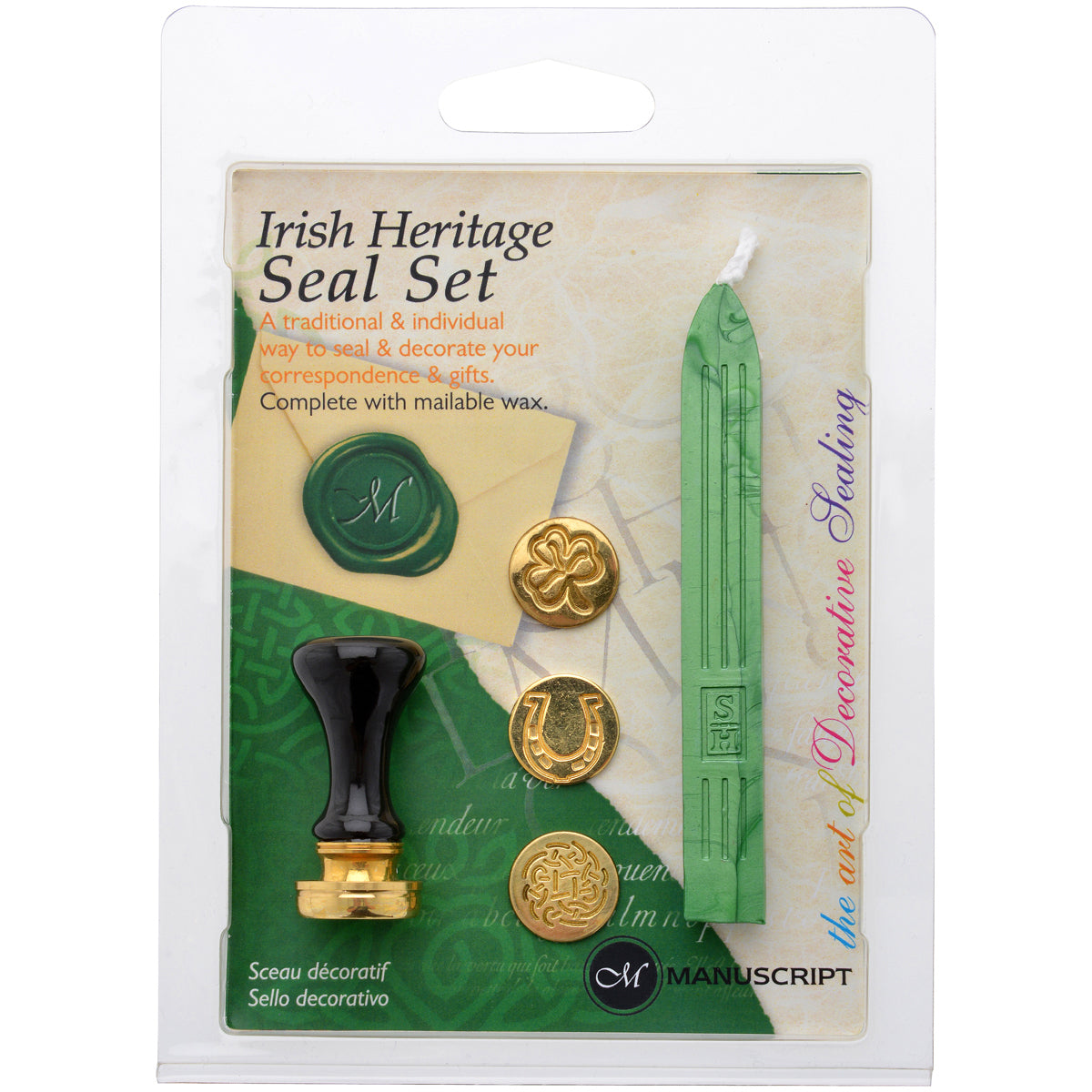 Manuscript Pen Manuscript Short Handle 3 Coin Sealing Set W/Wax - Irish Heritage W/Green
