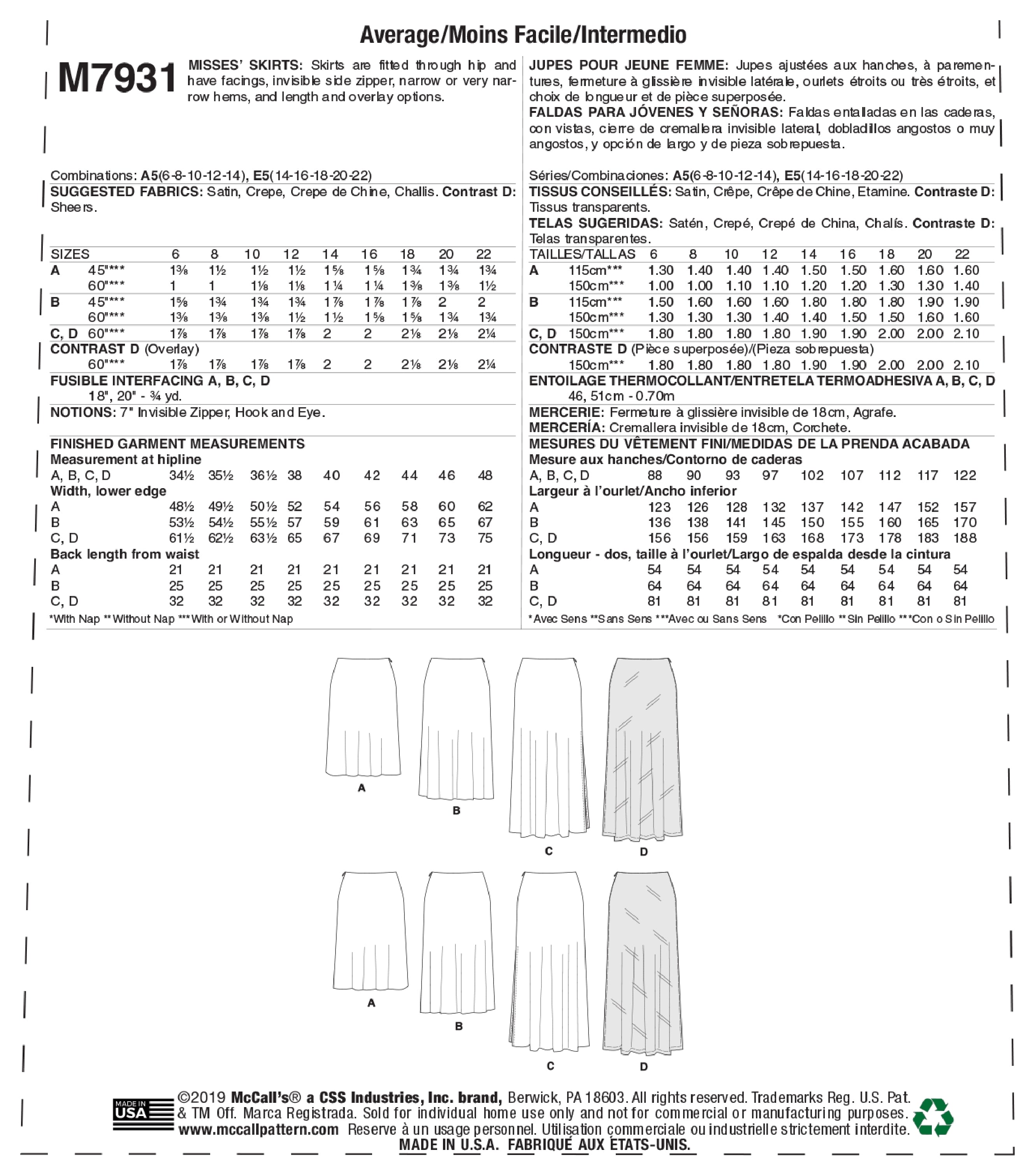 McCall's Misses' Skirts M7931 - Sewing Pattern