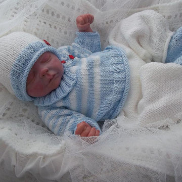 Pattern #46 - Striped Sweater, Long Trousers, Beanie Hat, Bootees for Baby Boy or Reborn Doll