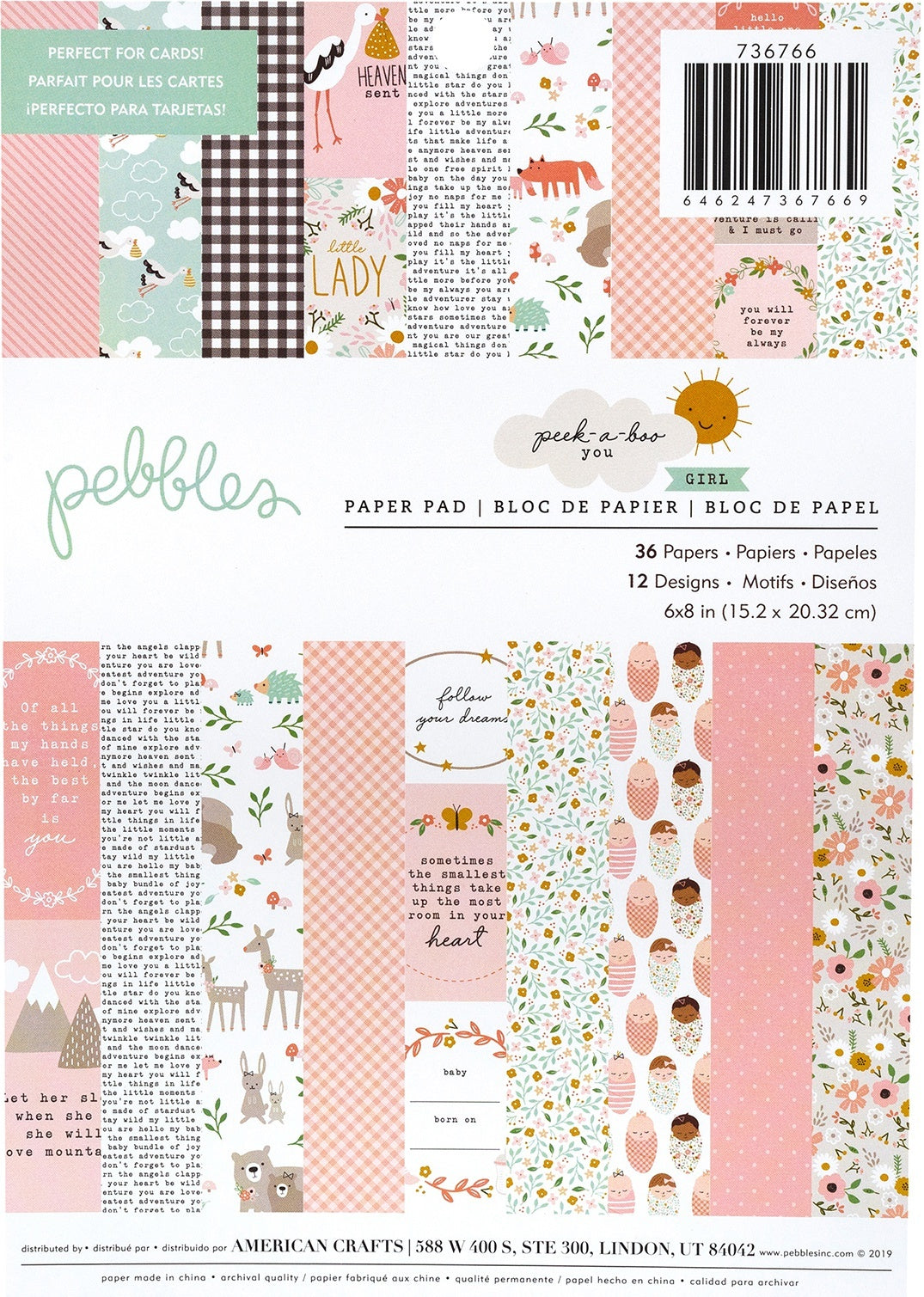 American Crafts Pebbles Single-Sided Paper Pad 6"X8" 36/Pkg - Peek-A-Boo You Girl, 12 Designs/3 Each