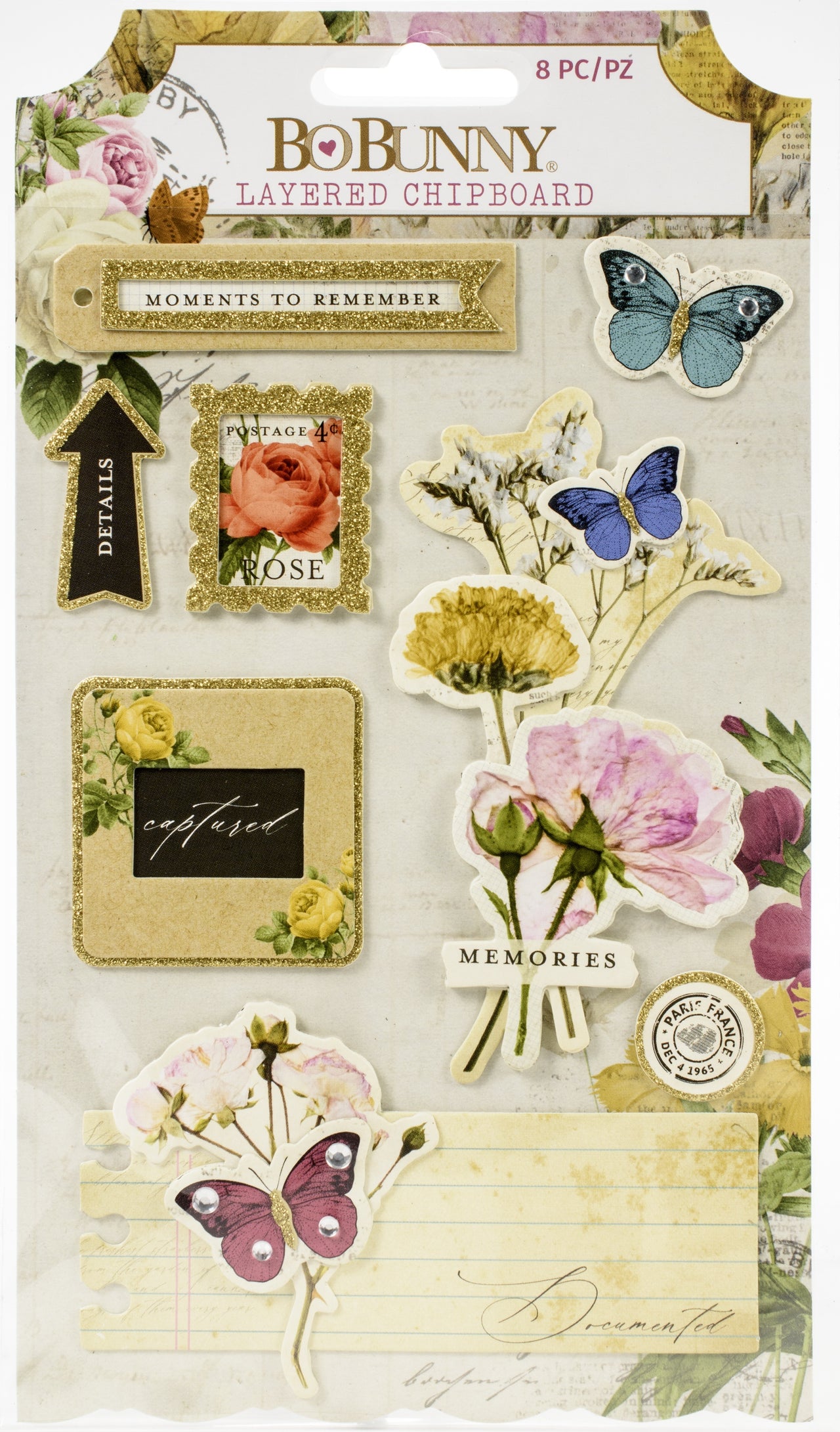 American Crafts Botanical Journal Adhesive Layered Chipboard 8/Pkg - W/Gold Glitter Accents