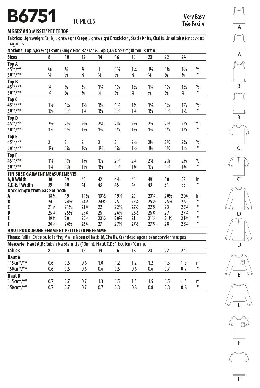 Butterick Misses'/Misses' Petite Pullover Tops B6751 - Sewing Pattern