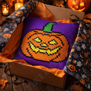 Pumpkin Pillow All Saints' Eve Orange Halloween Cushion Diagonal Crochet Pattern Mini-C2C