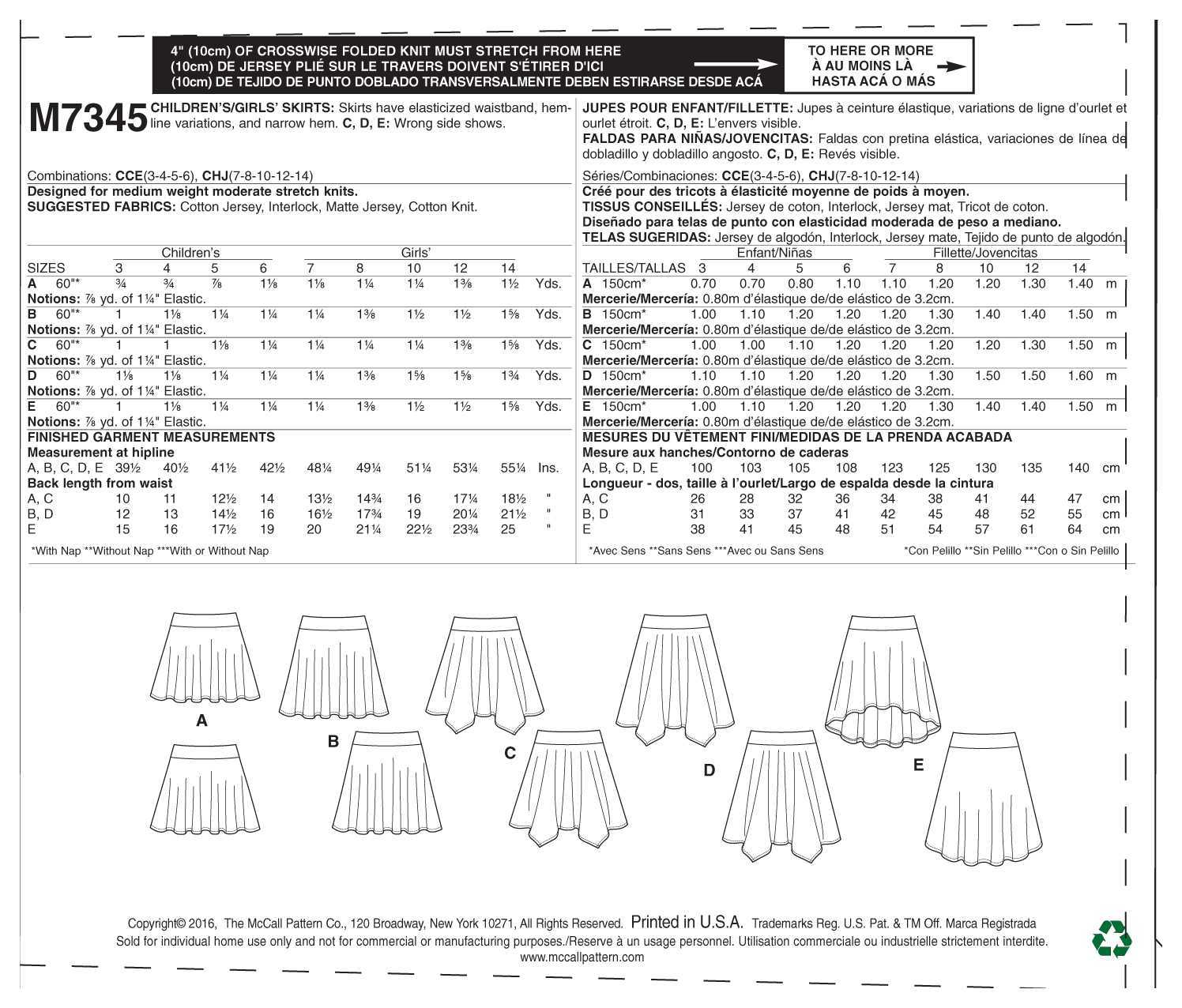 McCall's Children's/Girls' Straight, Handkerchief, or High-Low Hem Skirts M7345 - Sewing Pattern