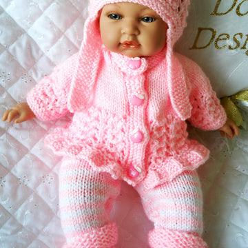 Dolls clothes knitting pattern for a 14-15 inch doll, frilled cardigan, leggings, Hat and Boots