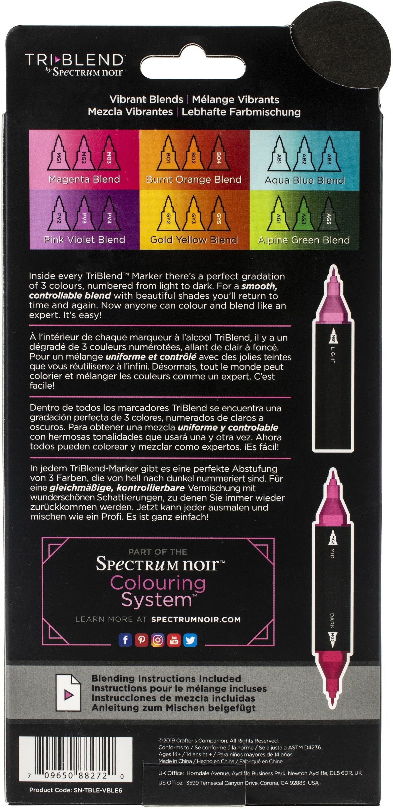 Crafter's Companion Spectrum Noir Triblend Markers 6/Pkg - Vibrant Blends