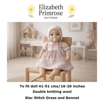 Star Stitch Dress and Bonnet Knitting Pattern P144 for 41–51cm/16–20 inches | Dolls Clothes | Elizabeth Primrose Patterns