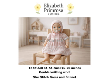 Star Stitch Dress and Bonnet Knitting Pattern P144 for 41–51cm/16–20 inches | Dolls Clothes | Elizabeth Primrose Patterns