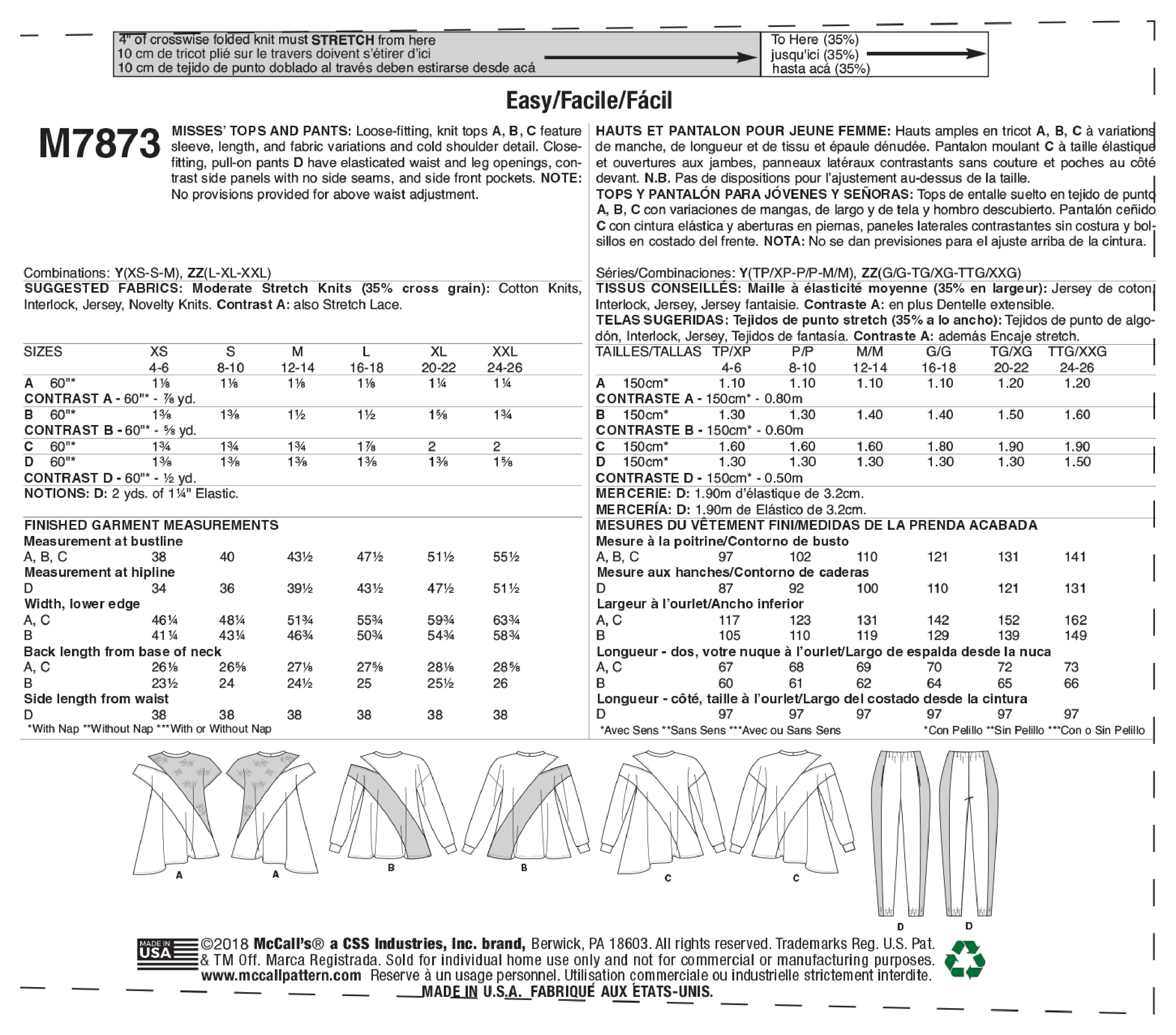 McCall's Misses' Tops and Pants M7873 - Sewing Pattern