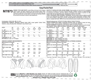 McCall's Misses' Tops and Pants M7873 - Sewing Pattern
