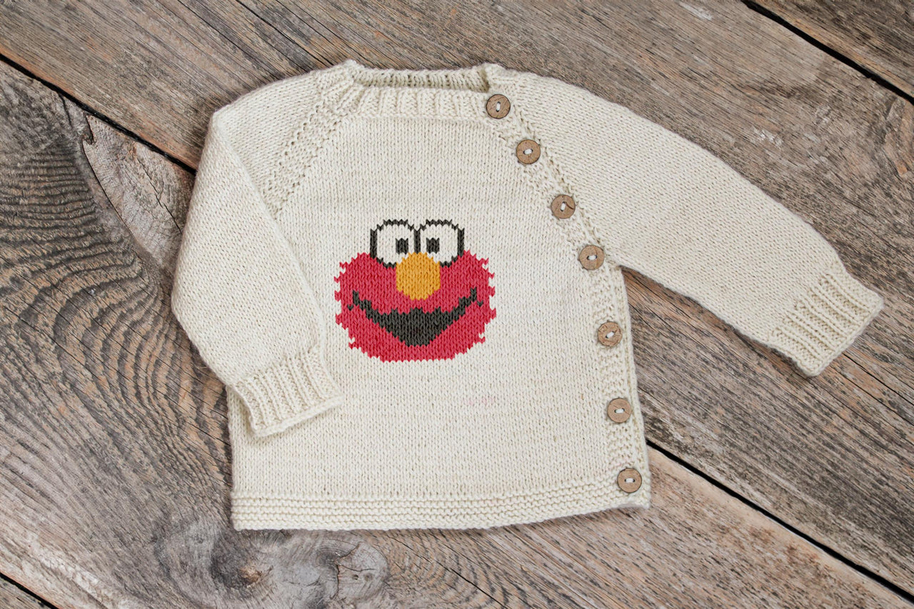 Knit kids sweater Knitting Pattern, Red monster Elmo motif duplicate stitch