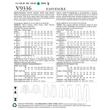 Vogue Misses'/Misses' Petite Jacket, Skirt and Pants V9336 - Sewing Pattern