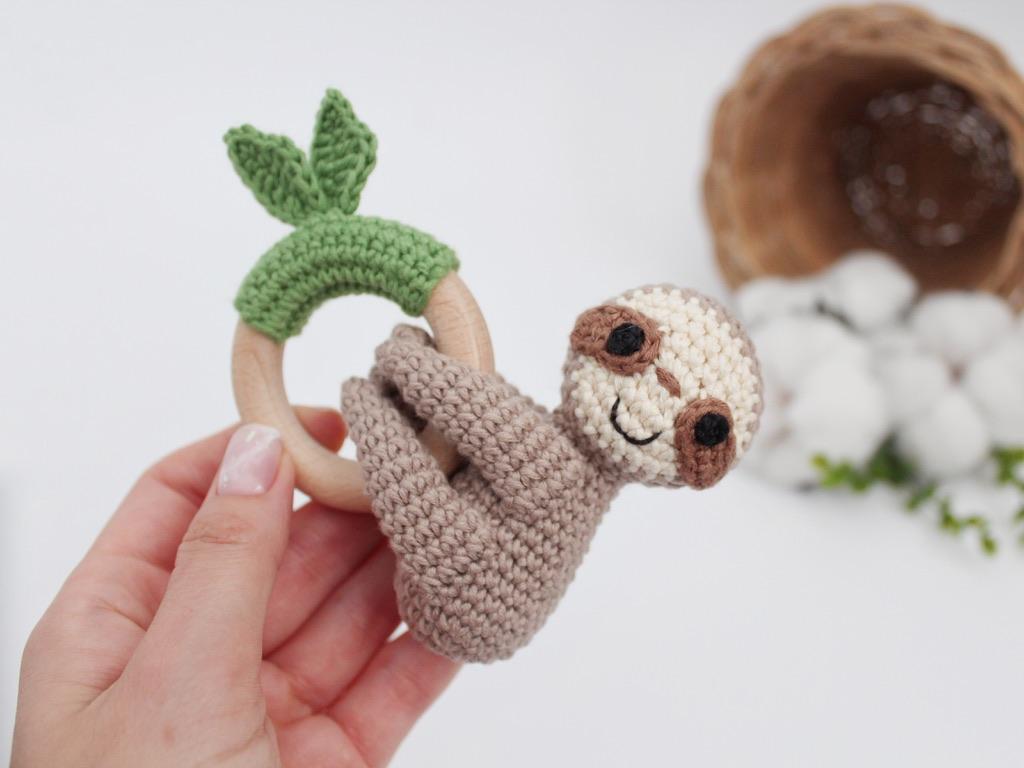Sloth crochet pattern animal baby rattle teether toy Amigurumi pattern for newborn