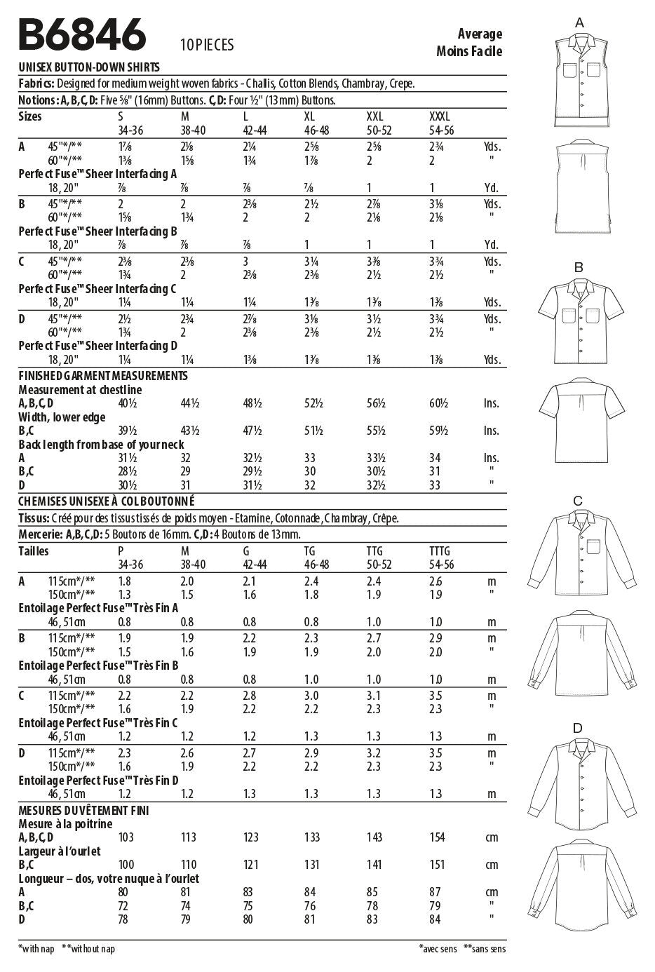 Butterick Unisex Button-Down Shirts B6846 - Sewing Pattern