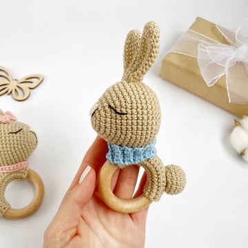 Crochet bunny pattern baby rattle toy Amigurumi rabbit teether