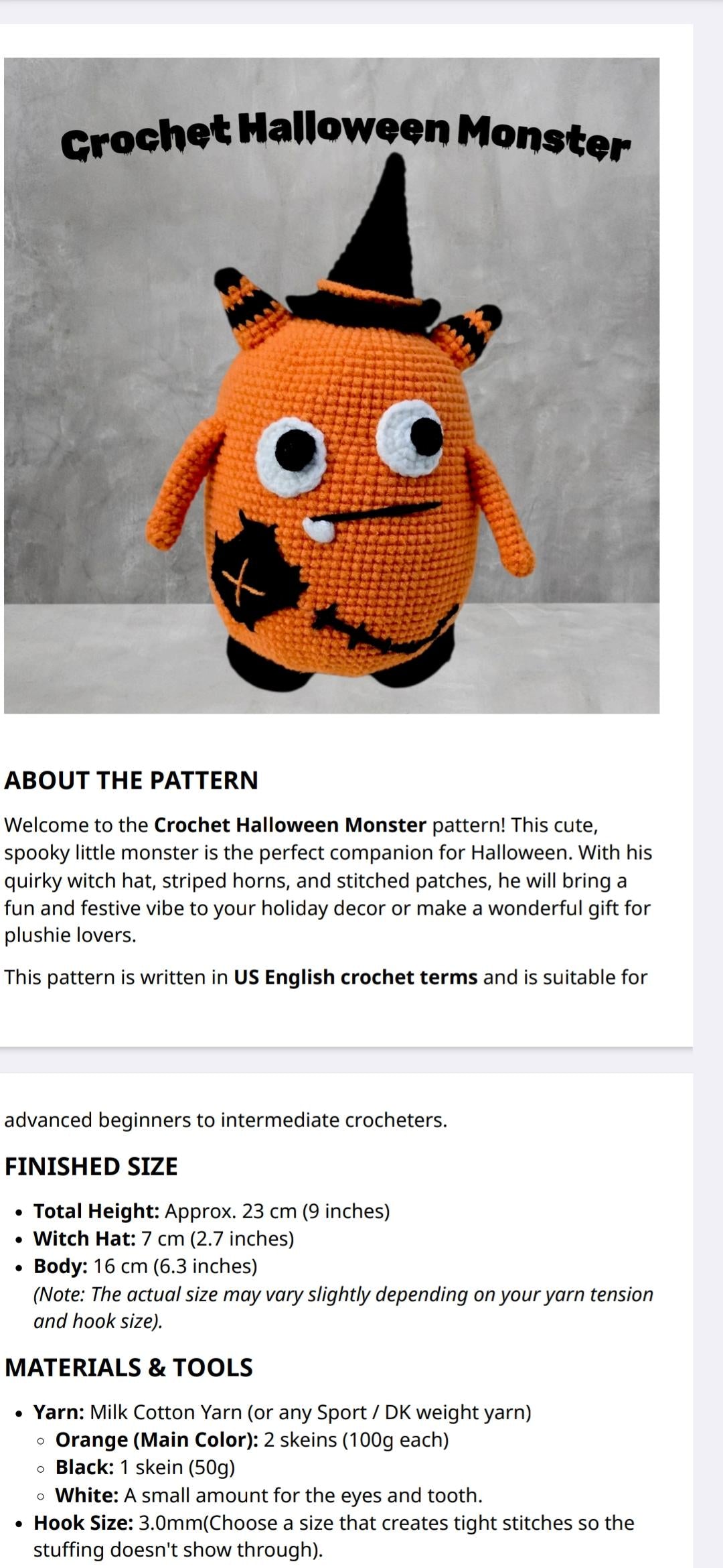 Crochet Halloween Monster Amigurumi Pattern - Pumpkin Witch Monster Low Sew Toy