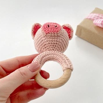 Pig crochet pattern baby rattle toy Amigurumi teether ring