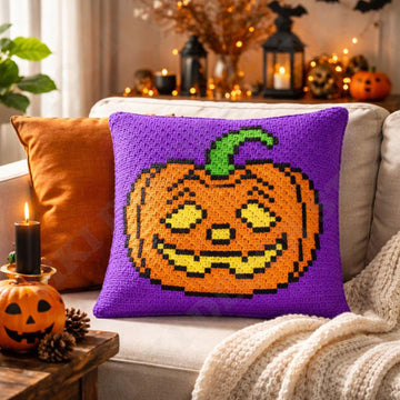 Halloween Pumpkin Pillow Sad Spooky Mini C2C Diagonal Crochet Pattern PDF