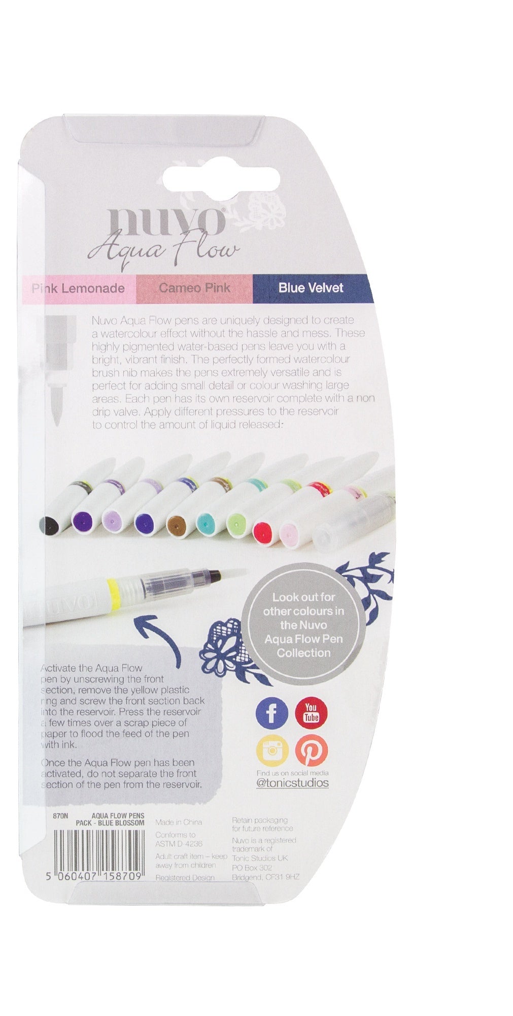 Tonic Studios Nuvo Aqua Flow Pens 3/Pkg - Blue Blossom