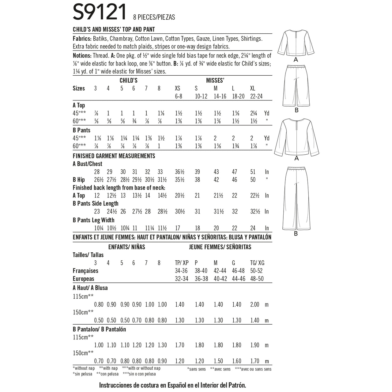 Simplicity Children's & Misses' Top & Pants S9121 - Paper Pattern, Size A (3 - 8 /XS-XL)