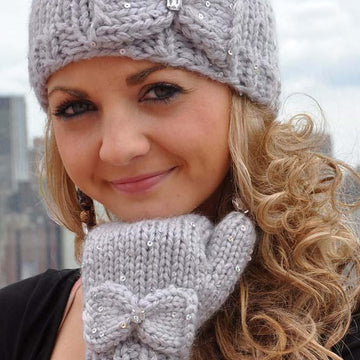 Snow Princess Girls and Adult Sequin Hat and Mitten Set with Bow Detail and iPhone Compatibility