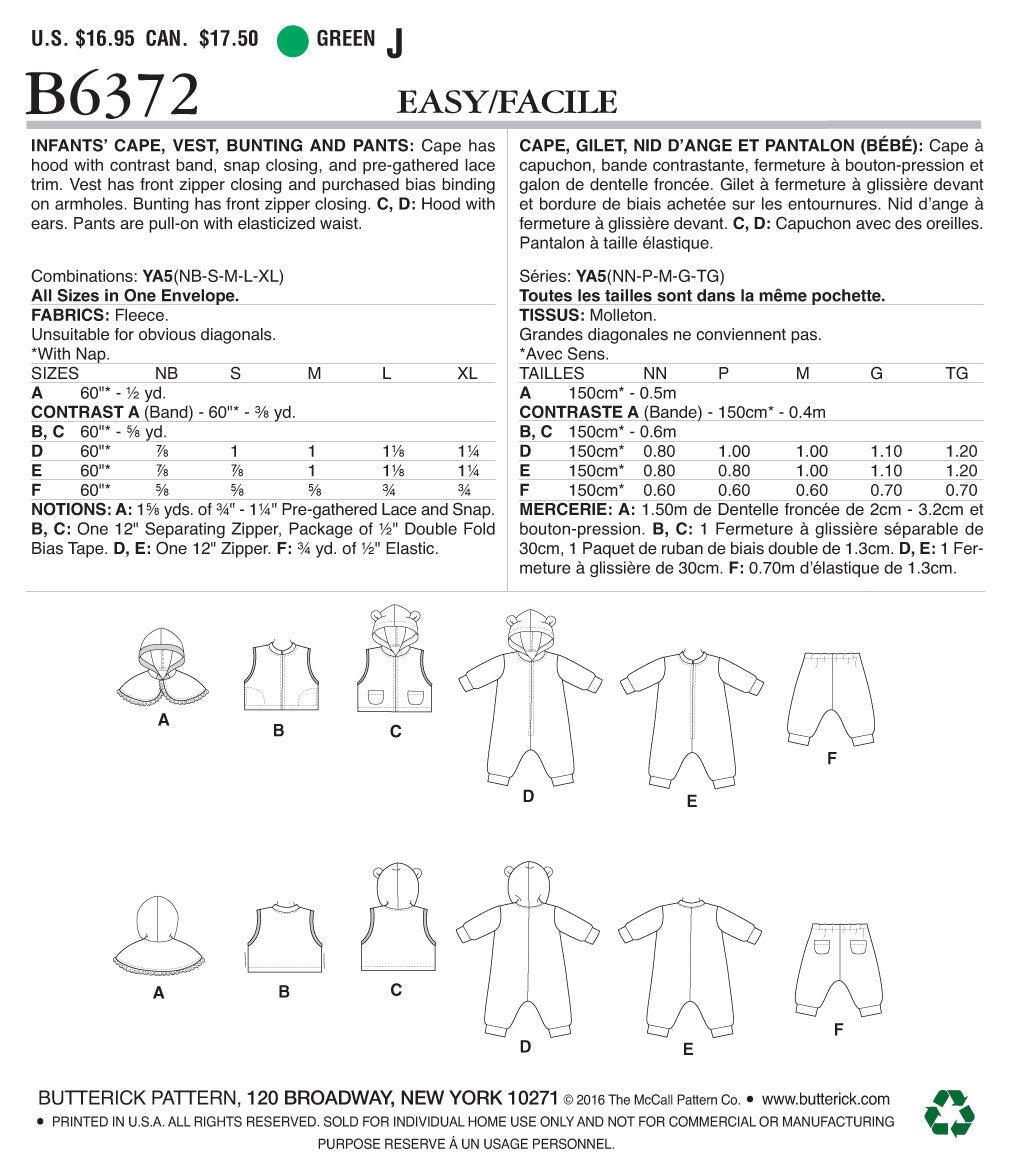 Butterick Infants' Cape, Vest, Buntings and Pull-On Pants B6372 - Sewing Pattern