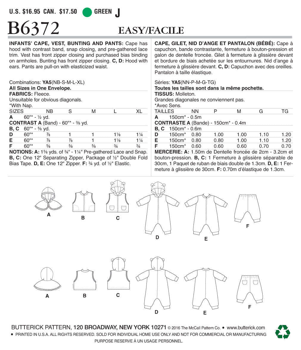 Butterick Infants' Cape, Vest, Buntings and Pull-On Pants B6372 - Sewing Pattern