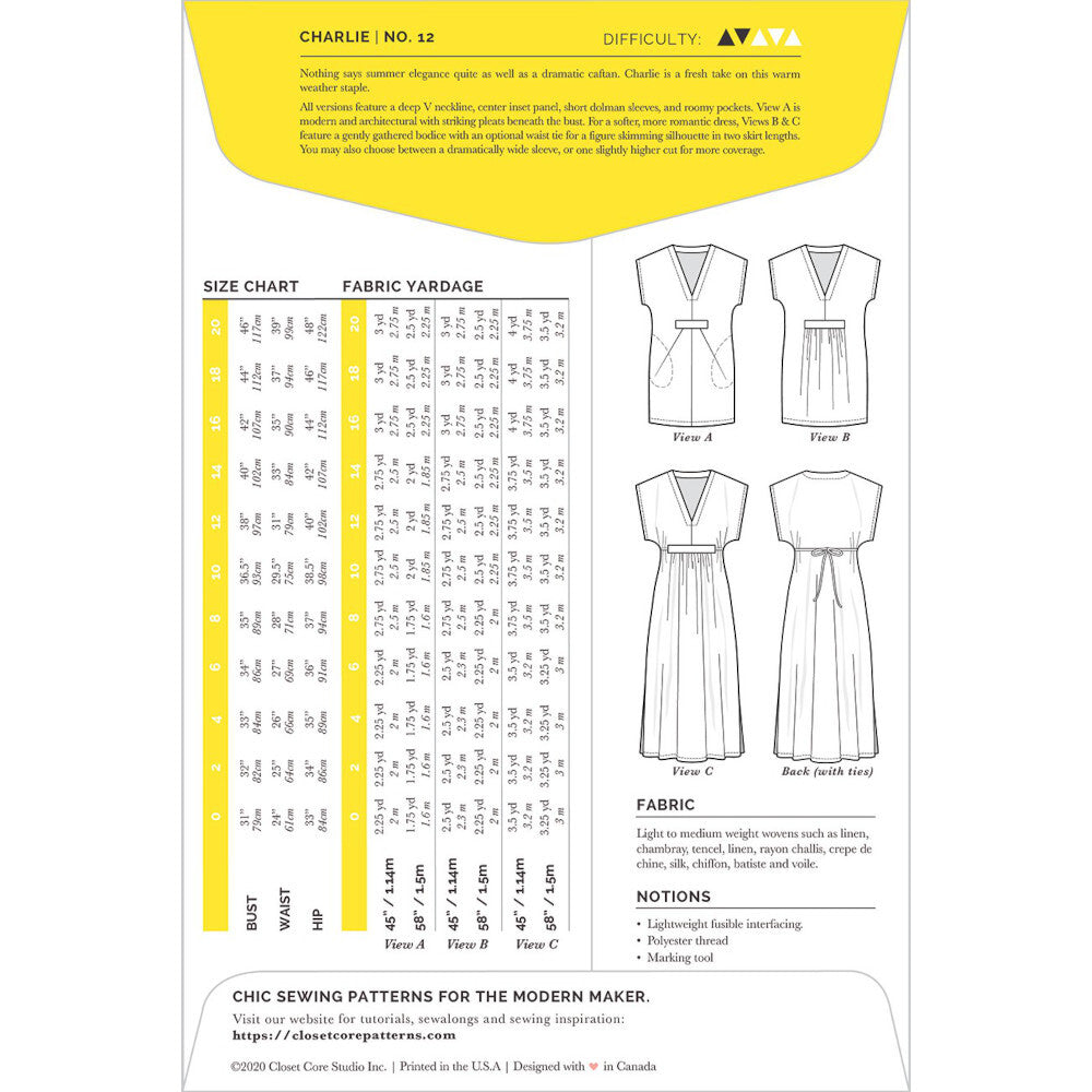 Closet Core Patterns Charlie Caftan CCP12 - Sewing Pattern