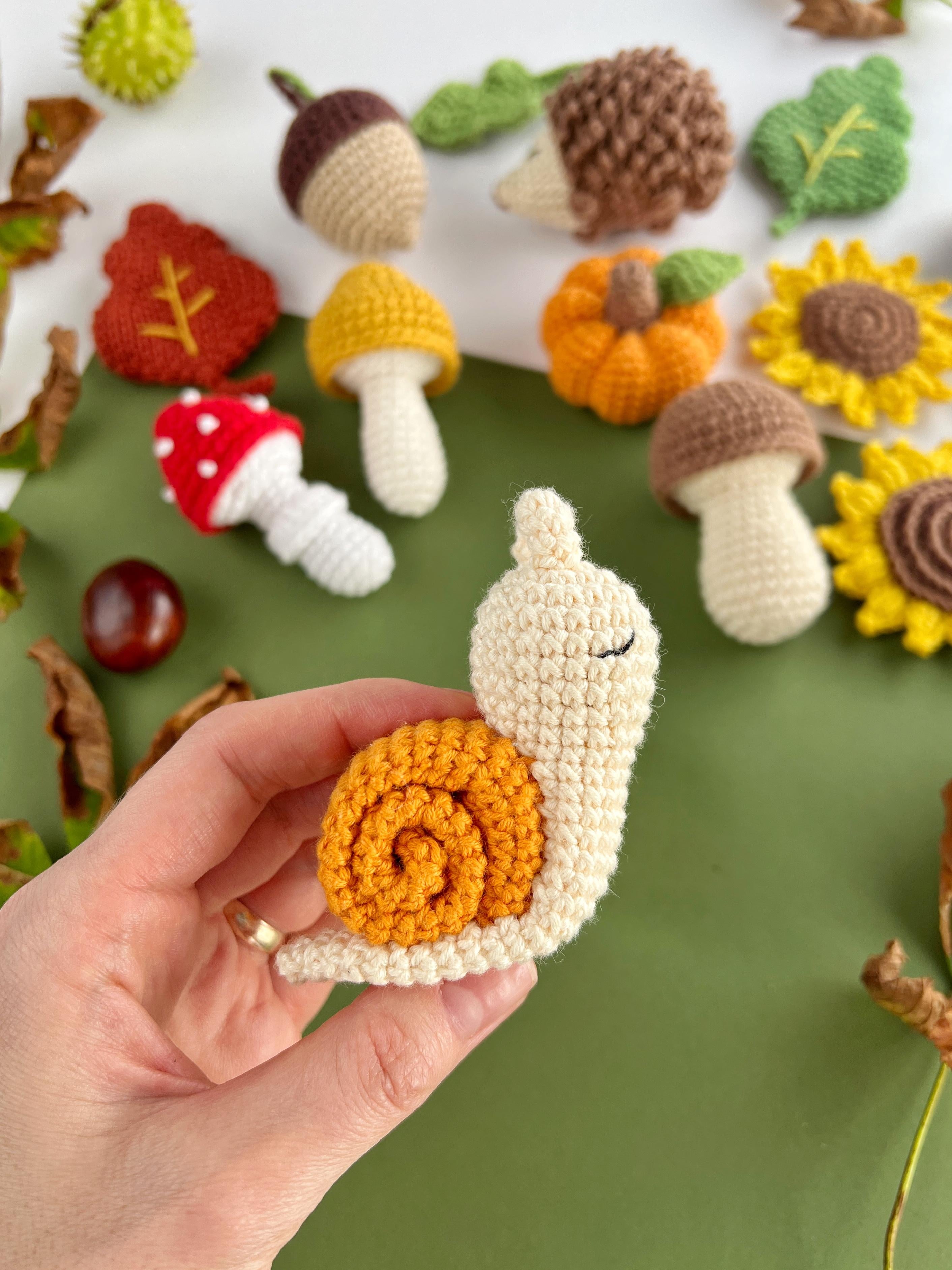 Fall crochet pattern bundle Hedgehog Acorn Leaf Pumpkin Mushroom Sunflower & Snail Amigurumi keyring