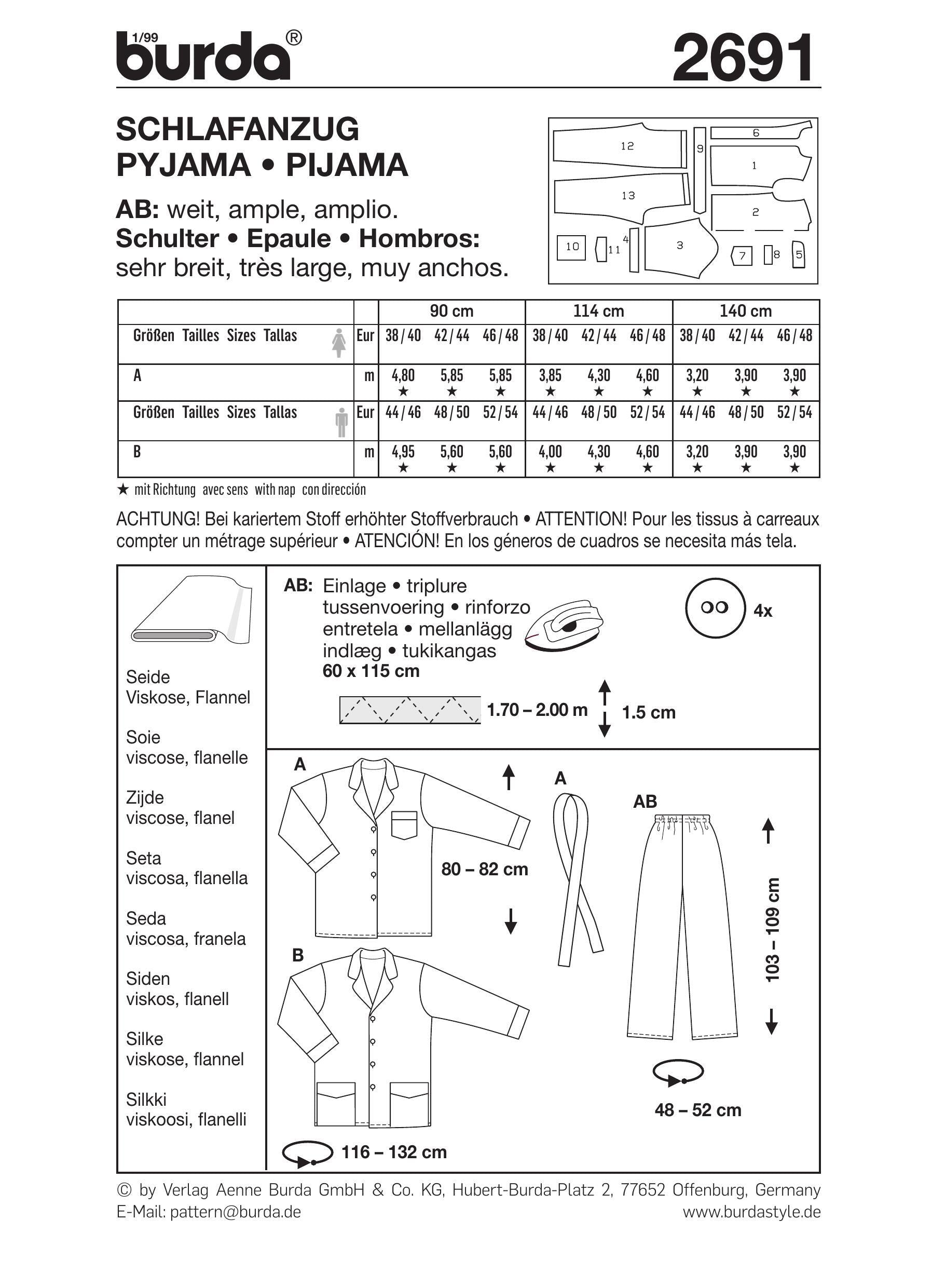 Burda Style Pyjamas Sewing Pattern B2691 - Paper Pattern, Size ONE SIZE
