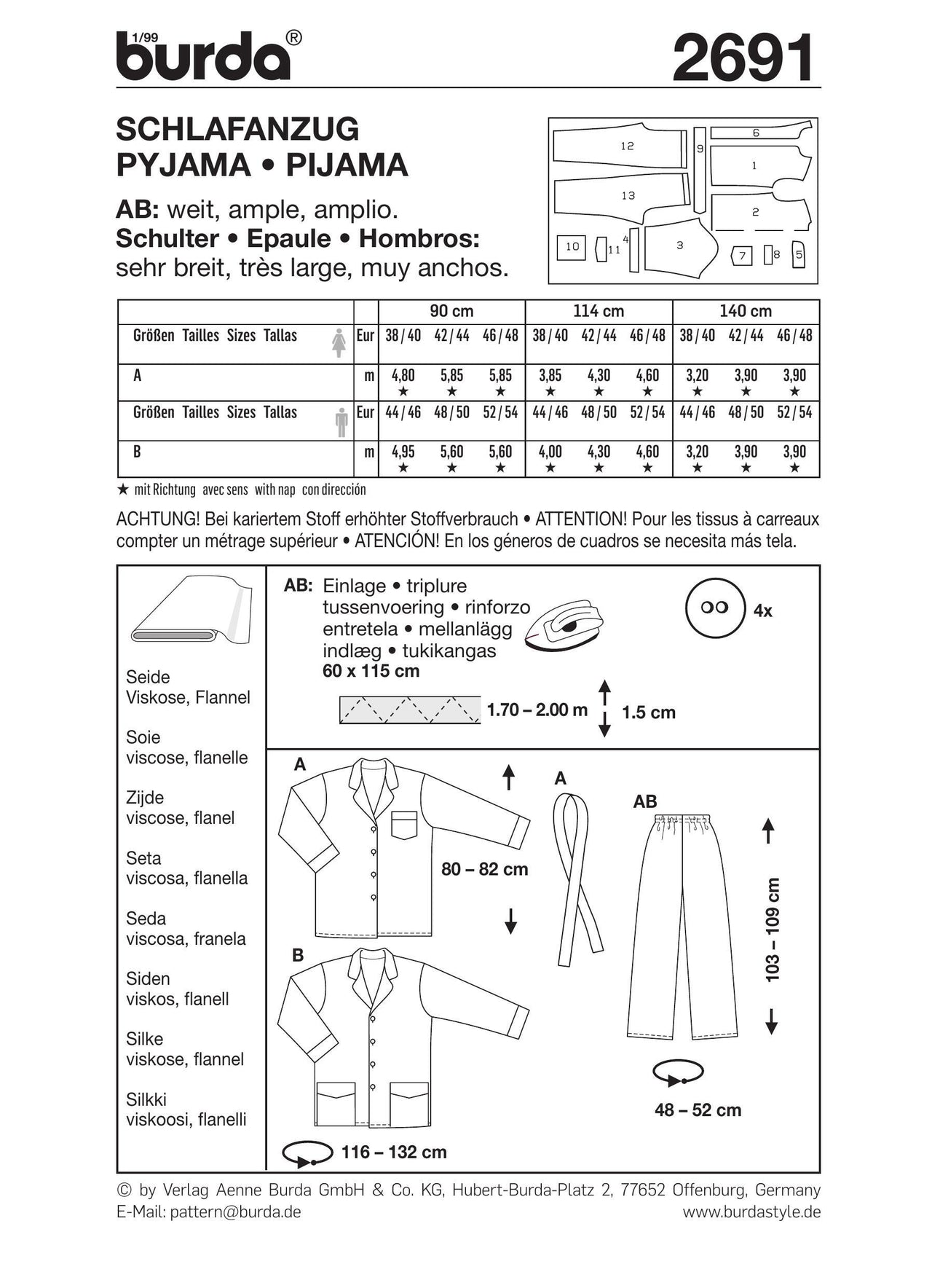 Burda Style Pyjamas Sewing Pattern B2691 - Paper Pattern, Size ONE SIZE