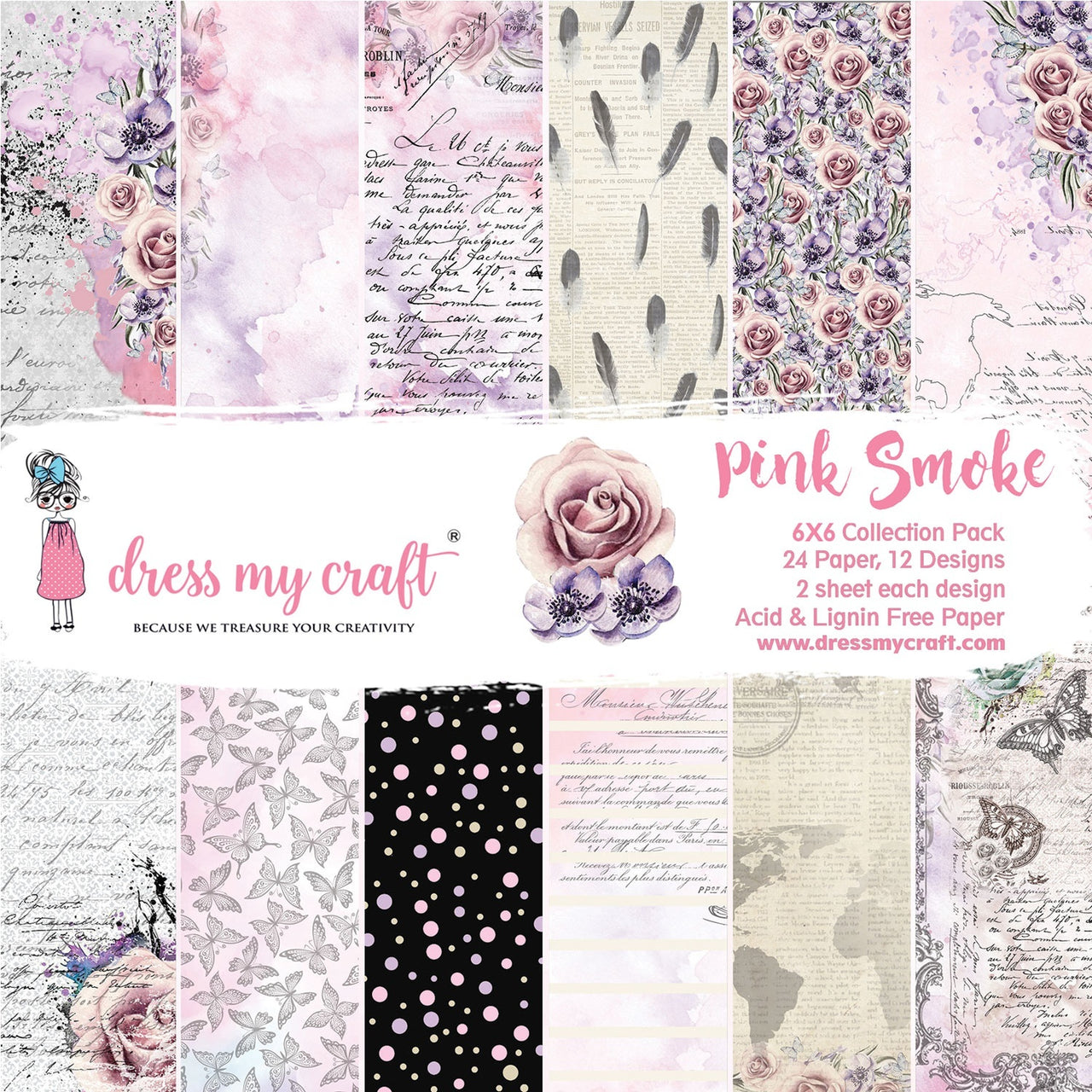 Dress My Crafts Single-Sided Paper Pad 6"X6" 24/Pkg - Pink Smoke, 12 Designs/2 Each